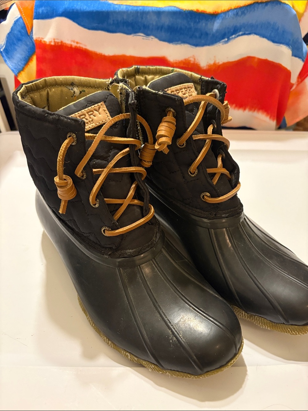 Sperry Black Quilted Duck Boots with Tan Laces